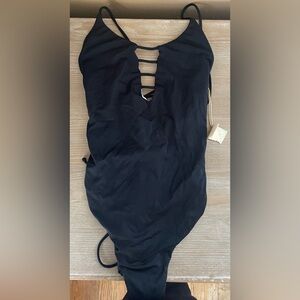 NWT Maaji Heavenly Corset Black Leaves Reversible 1pc Swimsuit Tie Up Back; M